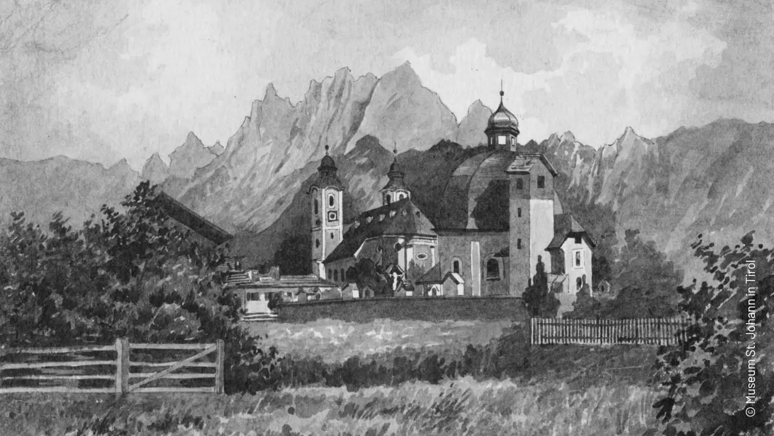 Gezeichnete Ansicht von St. Johann in Tirol aus dem Jahr 1920. 