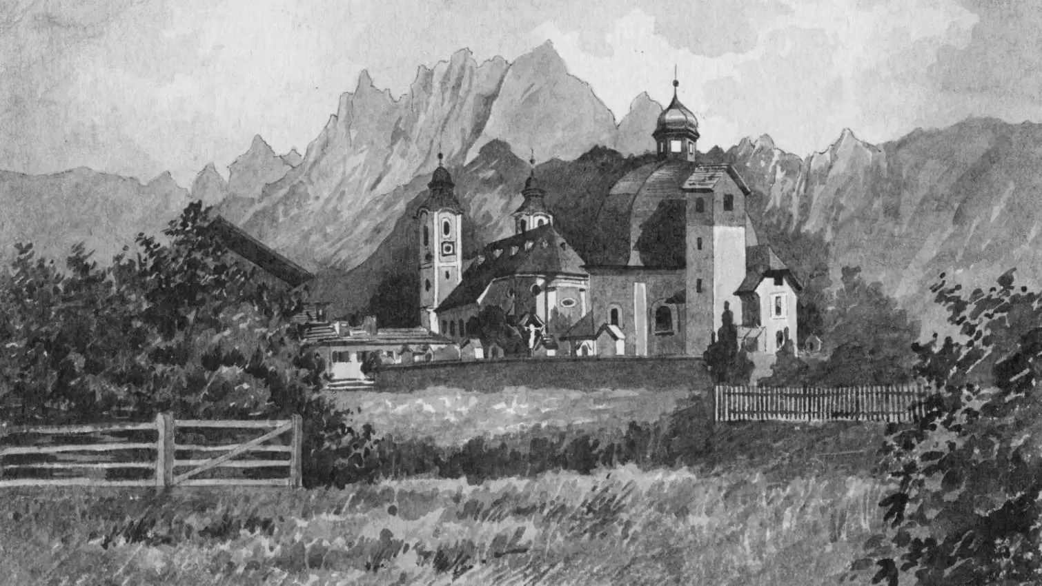 Gezeichnete Ansicht der Marktgemeinde St. Johann in Tirol aus dem Jahr 1920. 